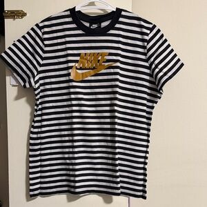Nike Black and White Striped Tee with Gold Logo